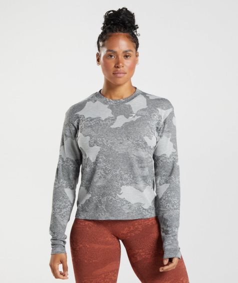 Koszulki Gymshark Adapt Camo Seamless Long Sleeve Top Damskie Szare | PL 936MWZ